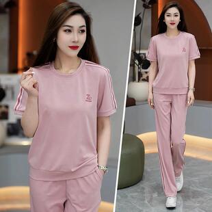 运动服套装 气质卫衣阔腿裤 女夏季 时尚 两件套 2025新款 冰丝休闲短袖