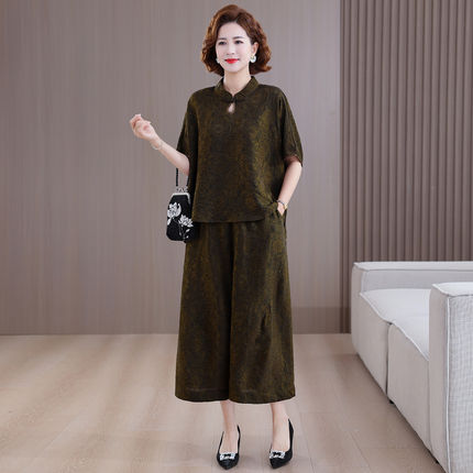 香云纱桑蚕丝套装2026夏装贵夫人提花洋气妈妈装百搭阔腿裤两件套