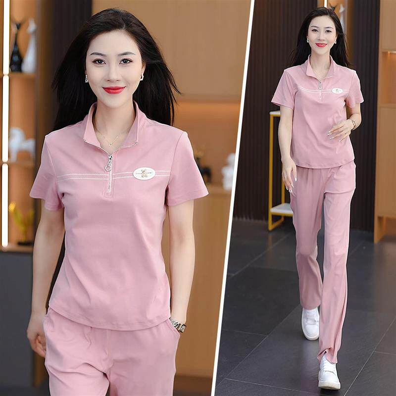 时尚休闲套装女2026夏季新款减龄显瘦立领短袖套头运动服两件套潮