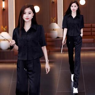 女夏季 气质套装 时尚 两件套 衬衫 阔腿裤 洋气显瘦国风盘扣短袖 新中式