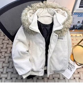 网图 冬季座山雕毛领连帽毛呢棉服男加厚保暖棉衣外套m367 p90图片