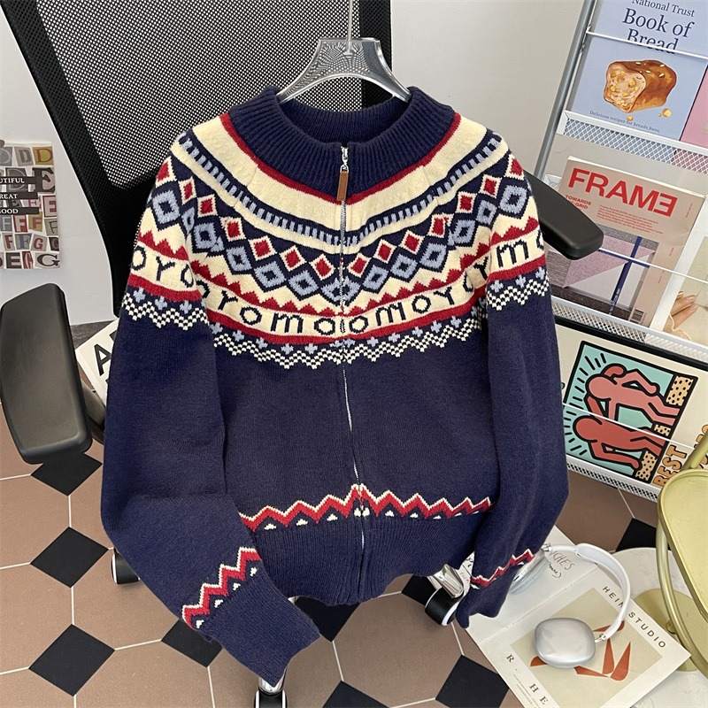 高品费尔岛拉链慵懒风毛衣女秋冬季复古针织开衫上衣my416p65，男装针织衫/毛衣，星座204-3