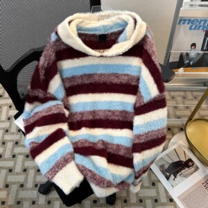 高品复古条纹连帽毛衣男女冬季慵懒风撞色情侣针织衫my9811 p62图片