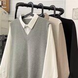 日系假两件长袖衬衫男秋季内搭针织毛衣宽松学院风衬衫my011p55，男装针织衫/毛衣，星座204-3