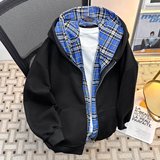 美式复古格子假两件连帽卫衣男春季潮牌宽松休闲外套wy889p65，女装短外套，星座204-3