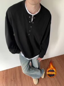 高品冬季假两件加绒卫衣男加厚保暖长袖t恤亨利领打底衫hw96 p55图片