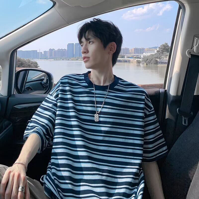 撞色条纹短袖t恤男女夏季气质ins潮流日系流行短袖t223p38，男装T恤，星座204-3