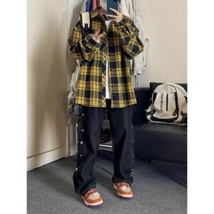 网图美式复古格子长袖衬衫男春季潮牌宽松休闲衬衣外套cs82 p35图片