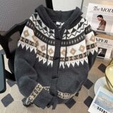 高品复古费尔岛提花连帽开衫牛角扣外套针织上衣原宿毛衣my72p60，男装针织衫/毛衣，星座204-3