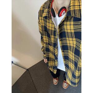 网图美式复古格子长袖衬衫男春季潮牌宽松休闲衬衣外套cs82 p35图片