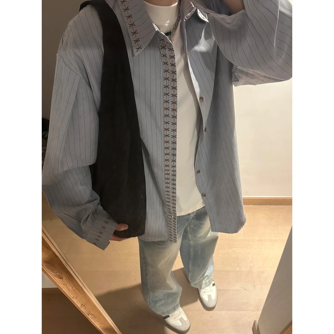 网图美式复古十字绣条纹衬衫长袖男秋季休闲简约衬衣cs214p50，男装衬衫，星座204-3