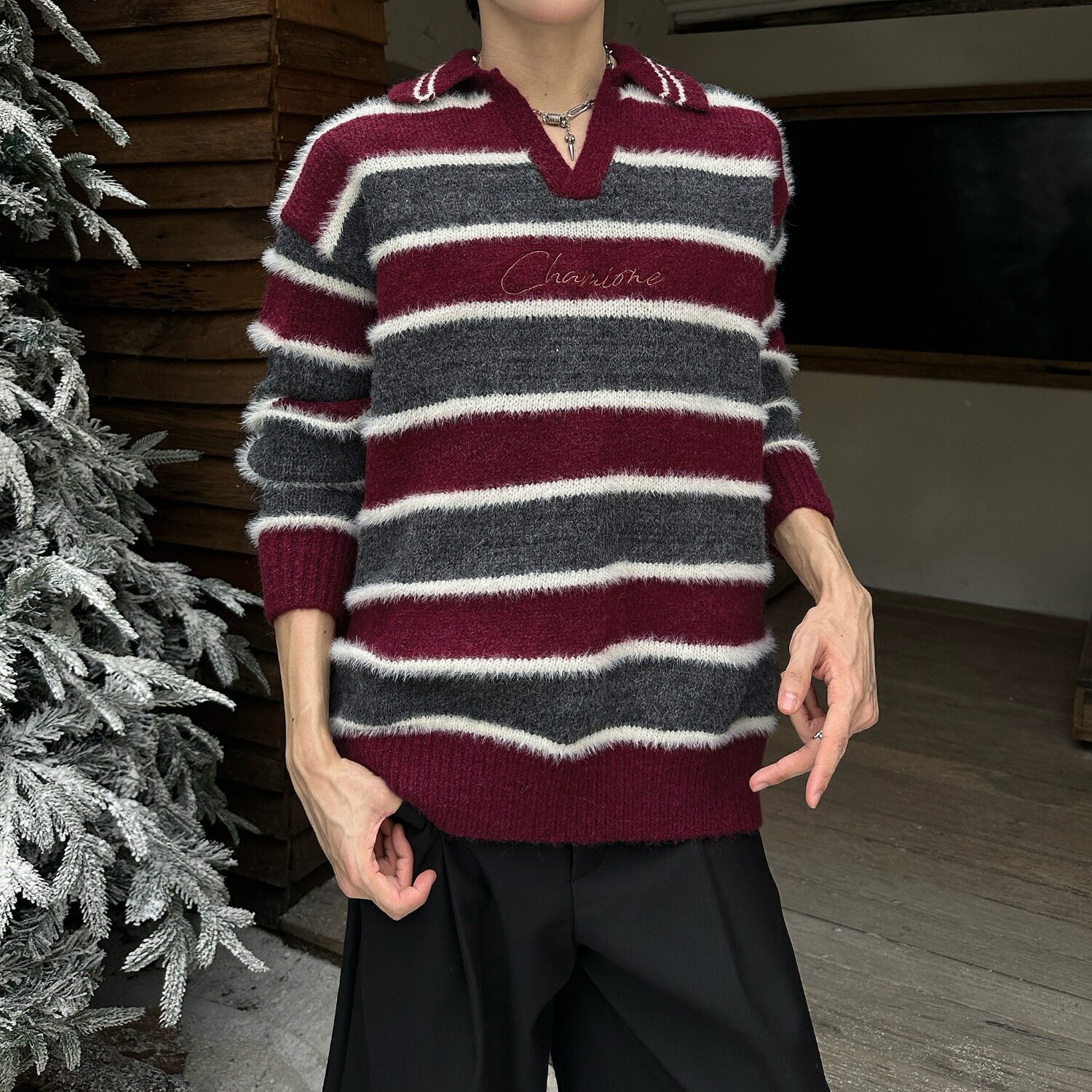 冬复古宽松潮牌高街条纹撞色v领针织衫翻领毛衣男my9818p60,男装针织衫/毛衣,星座204-3