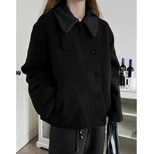 网图简约时尚混纺前纤丝套羊羔绒棉服潮流百搭文艺日系m267 p77图片