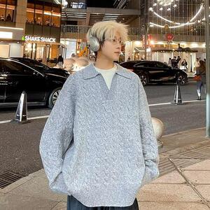 复古麻花翻领毛衣男冬季宽松慵懒风针织衫潮my19 p50图片