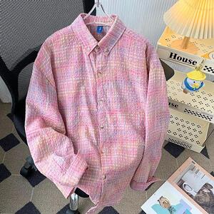 粉色泡泡纱格子衬衫男长袖秋季美式宽松情侣休闲衬衣cs314 p35图片