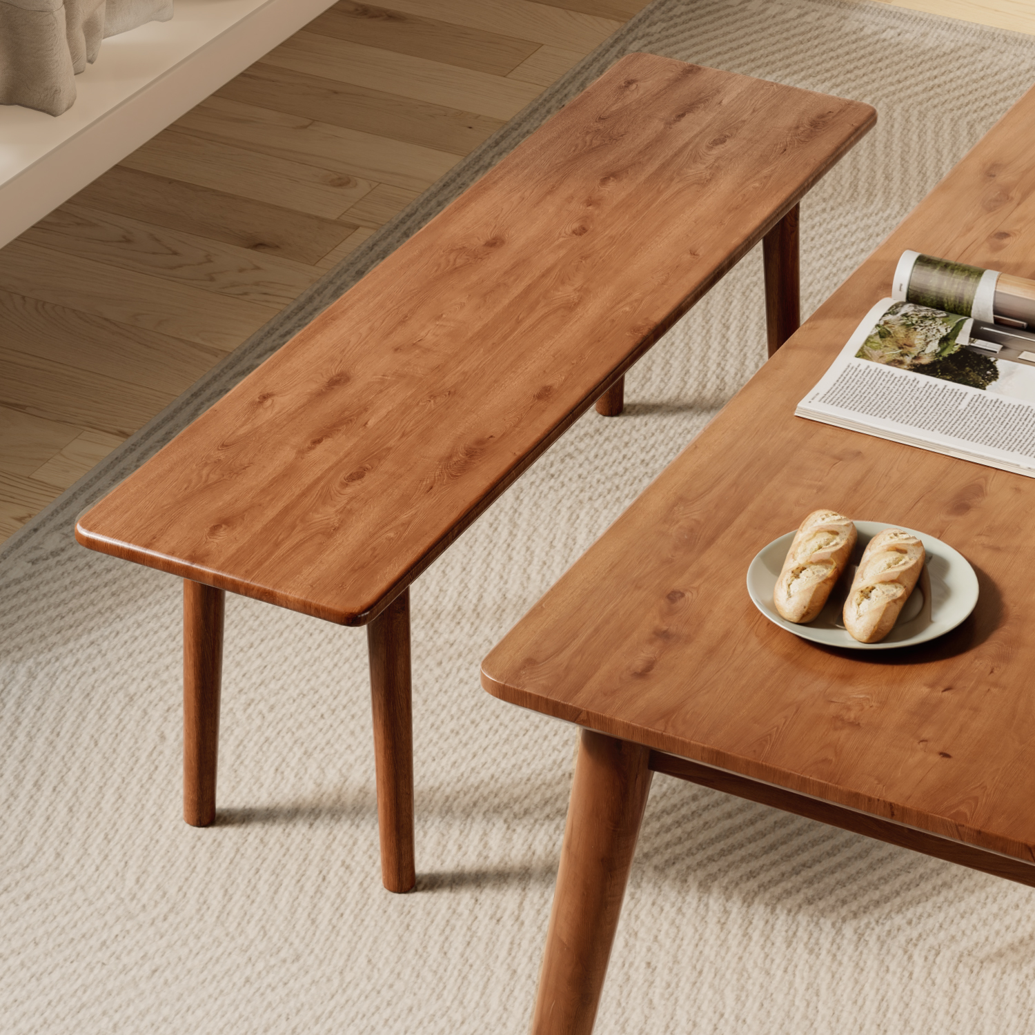 实木长条凳家用客厅餐桌凳子现代简约卧室床尾凳胡桃色入户换鞋凳