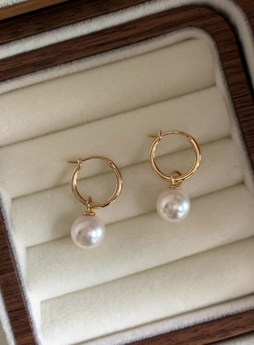 Mozz一物一图 天然akoya海水珍珠 18k素金圈圆形耳环精品两用设计