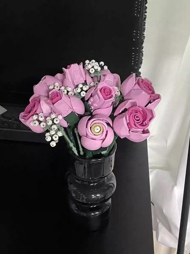 新款乐10374高粉色玫瑰花永生花束女孩玩具女友生日礼物米奇花瓶