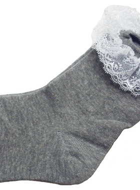 乐天BABY*日单 6-10岁女童灰色全棉春秋蕾丝短袜