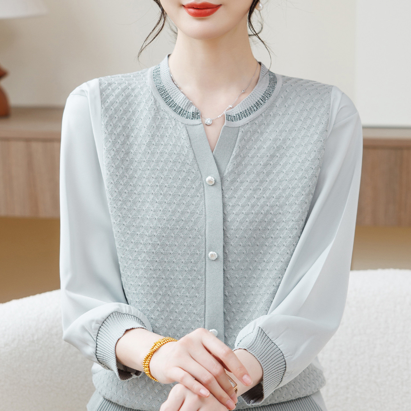 2026新款妈妈春装针织小衫洋气七分袖T恤上衣中年女士时尚打底衫