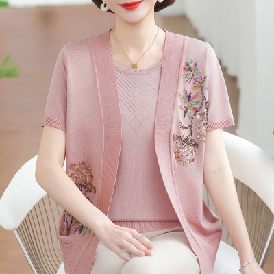 时尚妈妈款夏装短袖t恤冰丝针织小衫假两件套中老年女士夏季半袖