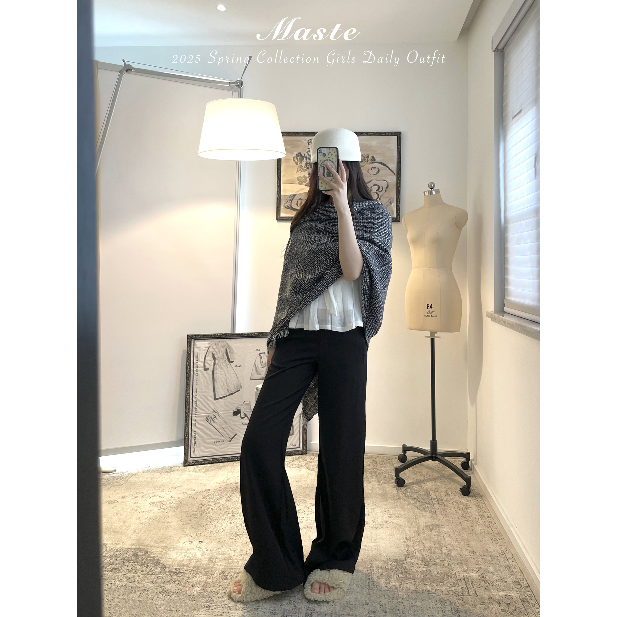 MASTE 剪影西裤 百搭宽松微喇休闲长裤 修身显瘦垂坠女装黑裤子