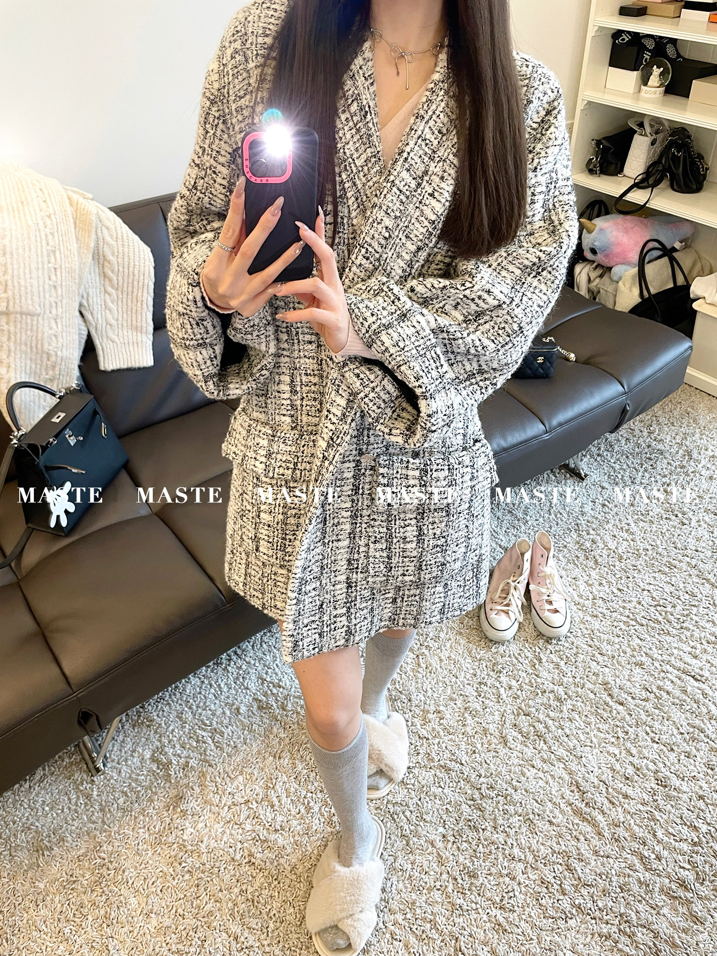 maste 芳登广场 羊毛编织香香外套女冬百搭外套高腰显瘦短裤套装