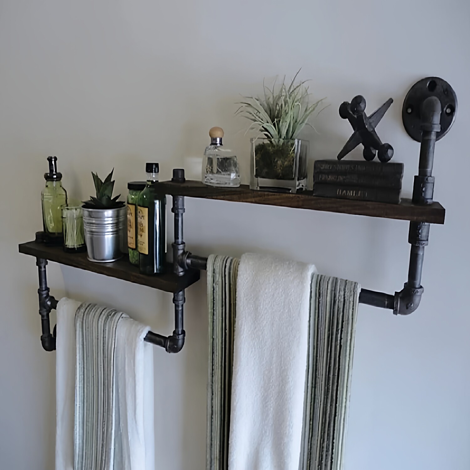 美式乡村复古工业风卫生间铁艺水管壁挂毛巾架浴室实木搁板置物架