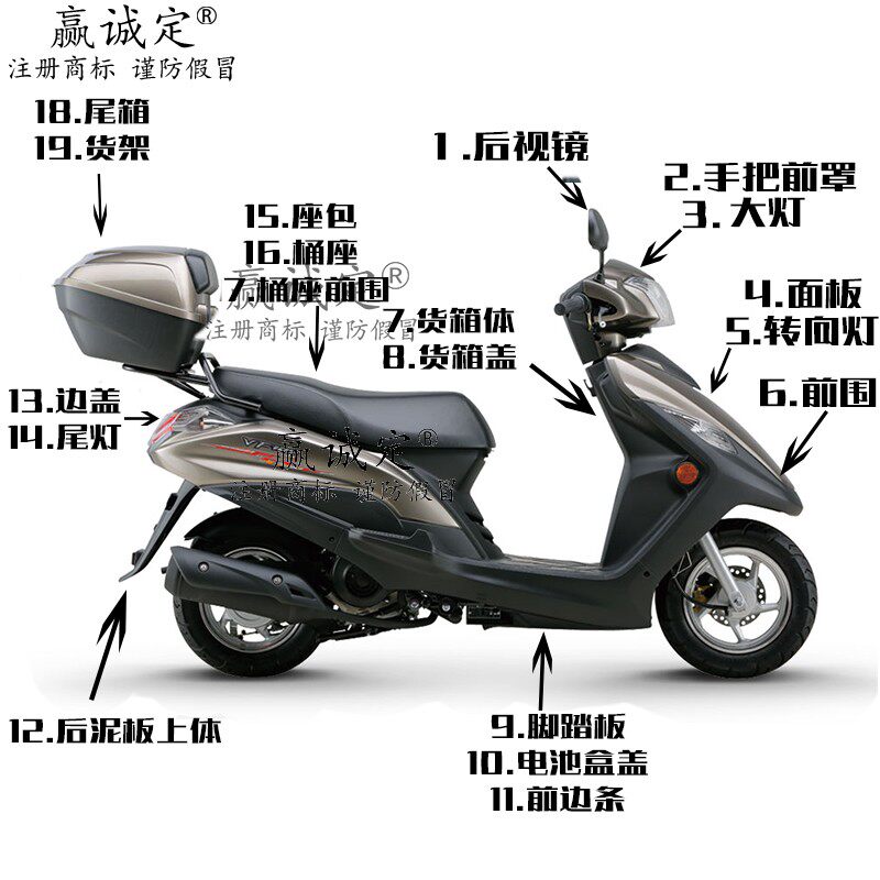 适用豪爵vf100 hj100t-8/8c踏板车全车配件面板灯箱前围内箱边条