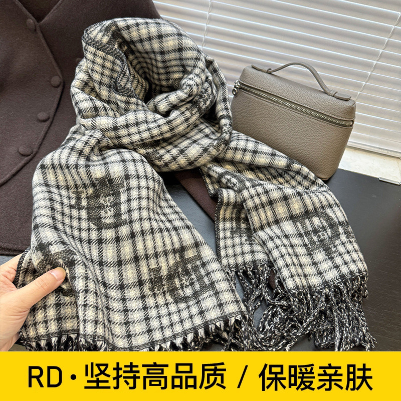 RD新款流苏格子围巾女秋冬季韩系小香风英伦保暖披肩围脖包芯纱
