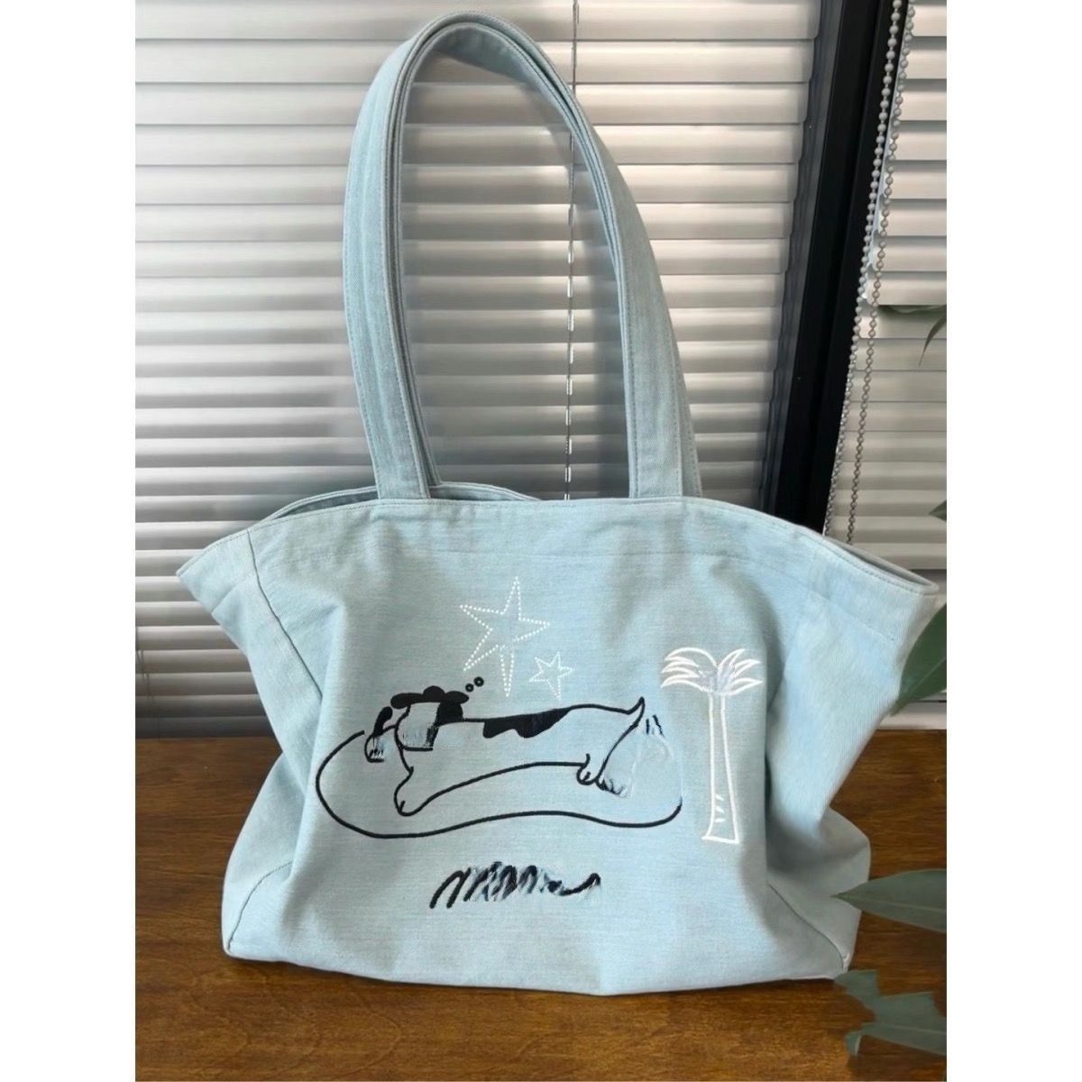 外贸出口大学生上课书包包女小狗帆牛仔单肩包浅蓝色手提袋托特包