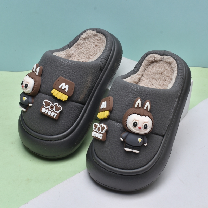 冬季儿童居家防滑可爱保暖棉拖鞋男孩小童宝宝半包跟pu防水女孩拖