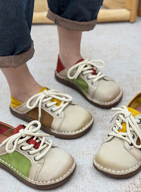 丑乐复古风拼色单鞋女2026新款平底舒适中年休闲百搭两穿真皮女鞋