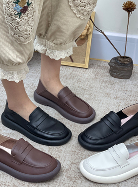 手工真皮单鞋女新款皮鞋软底一脚蹬中年女鞋乐福鞋牛皮工作鞋宽头
