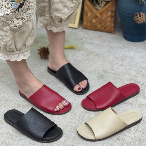 手工真皮拖鞋女夏季平底鞋复古凉鞋软皮软底一字拖女鞋森系凉拖鞋