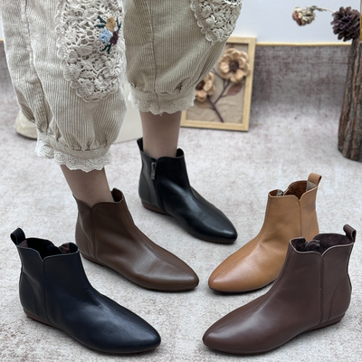 丑乐手工真皮尖头短靴软皮软底