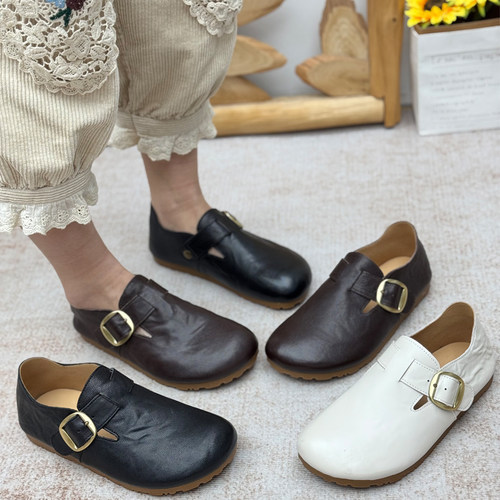 丑乐真皮复古勃肯平底女鞋