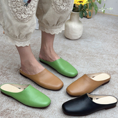 女时尚 复古平底鞋 外穿春季 手工真皮拖鞋 新款 懒人妈妈鞋 包头半拖鞋