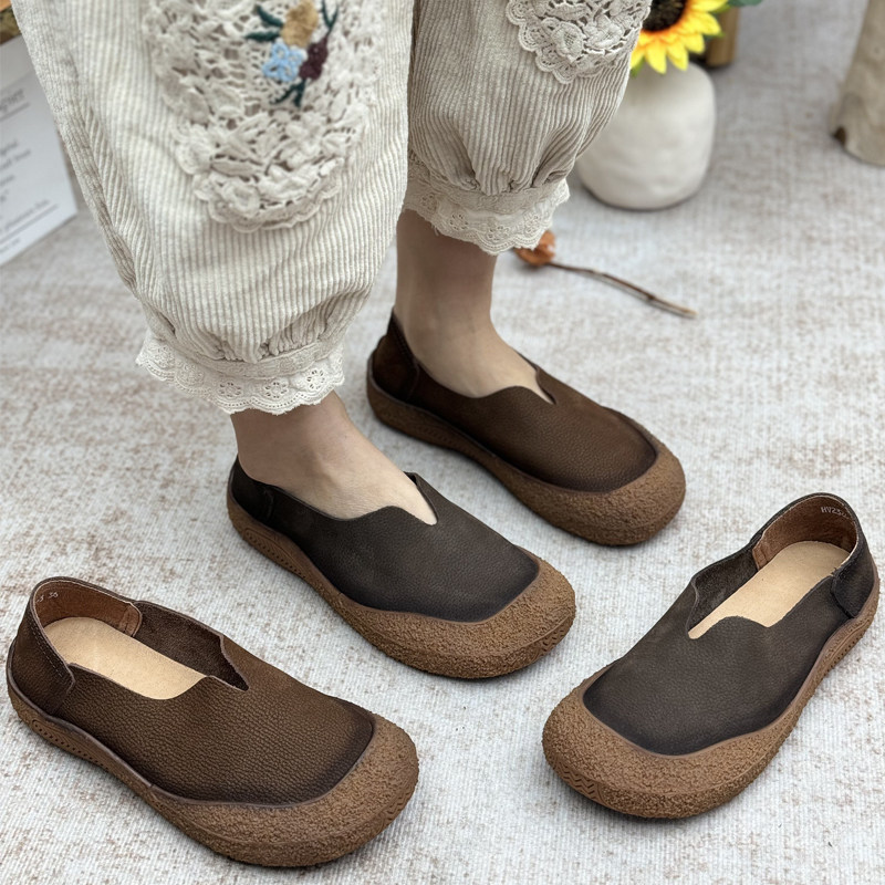 手工复古真皮单鞋女新款平底皮鞋牛筋软底一脚蹬中年妈妈鞋奶奶鞋