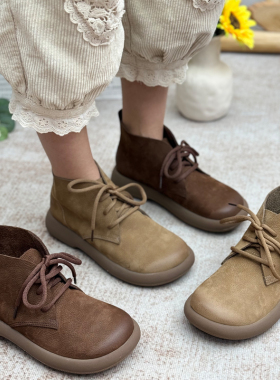 真皮女鞋平底短筒靴子复古马丁靴民族风2025年秋季新款休闲女靴