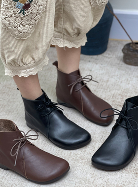 手工真皮女靴短筒马丁靴森系皮鞋复古牛筋软底女鞋单靴短靴子加绒