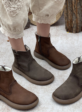 手工真皮短靴女加绒加厚复古民族风平底秋冬女靴保暖短筒切尔西靴