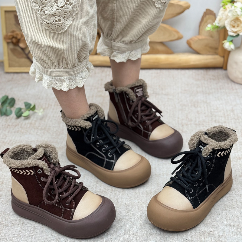 丑乐2025冬季新款棉鞋头层牛皮马丁靴筒加绒保暖厚底短靴二棉靴