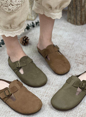 真皮包头半拖鞋女春夏季新款皮拖复古休闲外穿软底勃肯鞋平底拖鞋