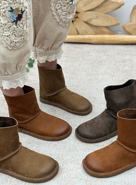 复古真皮短靴女平底软底美拉德风时装靴秋冬新款烟筒靴切尔西靴子