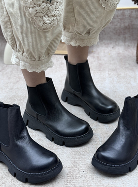 丑乐手工真皮休闲马丁靴冬季新款复古短靴厚底女靴增高短筒单靴