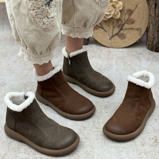 手工真皮短靴女加绒加厚复古妈妈鞋 休闲短筒靴子软平底牛皮雪地靴