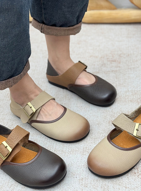 丑乐复古真皮玛丽珍鞋女2026春季新款一字扣平底女鞋百搭软底单鞋