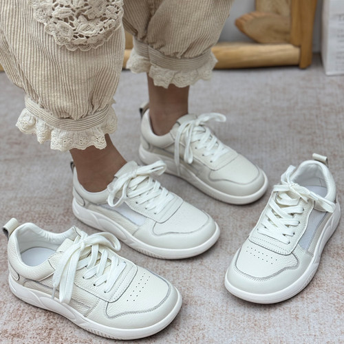 丑乐头层牛皮厚底系带小白鞋女