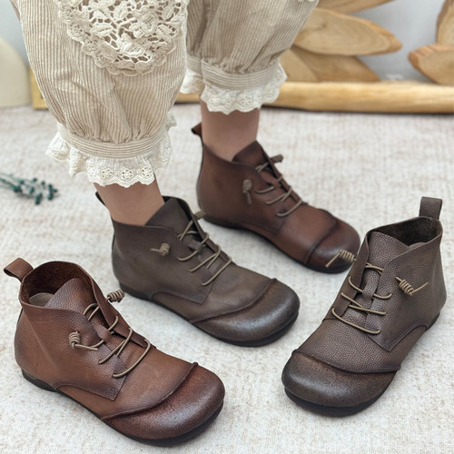 真皮系带短靴女2026新款秋冬女鞋平底复古休闲马丁靴头层牛皮单靴